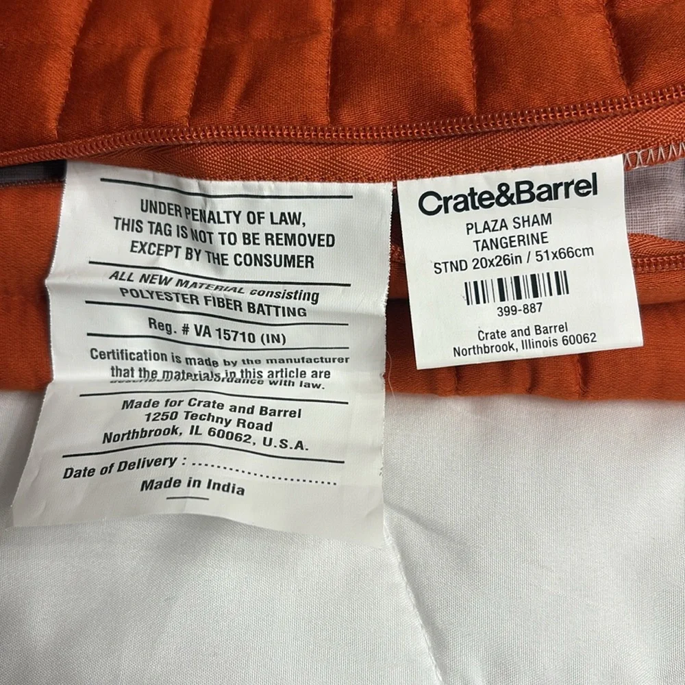 CRATE & BARREL Tangerine Two-toned Quilted (2) Standart Pillow Shams 20 X 26